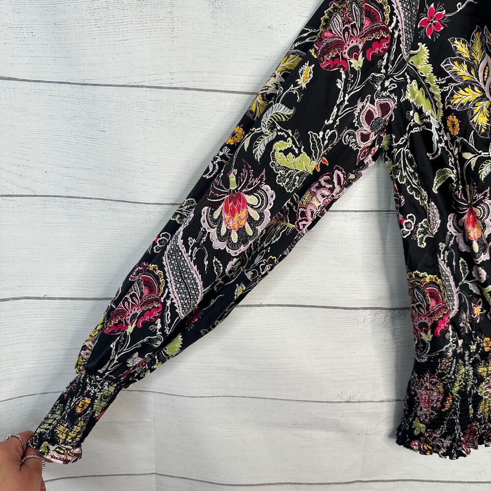Cinq a Sept Women Small Black Silk Floral Paisley Smocked Peplum Blouse Top Boho - Picture 8 of 10